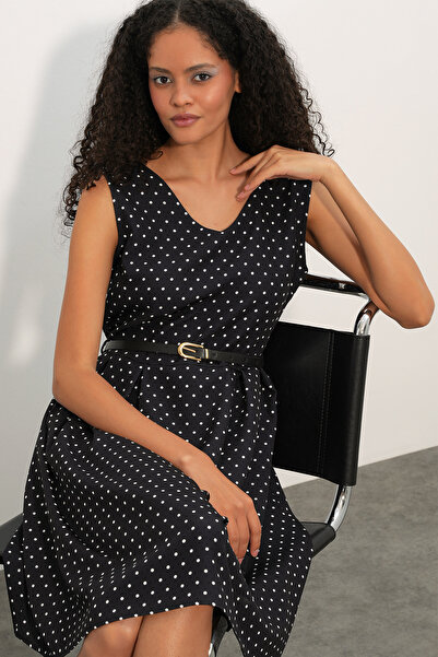Modamorfo Women's Short V-Neck Polka Dot Dress 2606 - Black