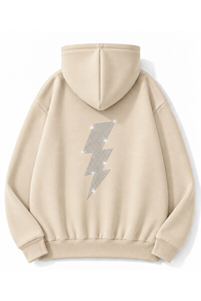 MOONBULL Unisex Şimşek Taş Sırt Baskılı Kanguru Cepli Kapüşonlu Oversize Sweatshirt