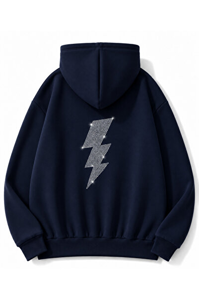 MOONBULL Unisex Şimşek Taş Sırt Baskılı Kanguru Cepli Kapüşonlu Oversize Sweatshirt