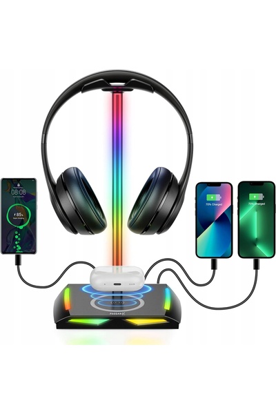 Feegar Suport pentru căști cu iluminare RGB, Hub și 3 porturi USB Type-C cu i...