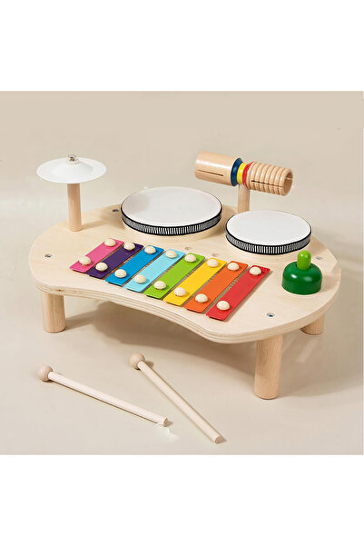 bedee Jucărie instrument de percuție din lemn pentru copii cu tobă și clopoțel