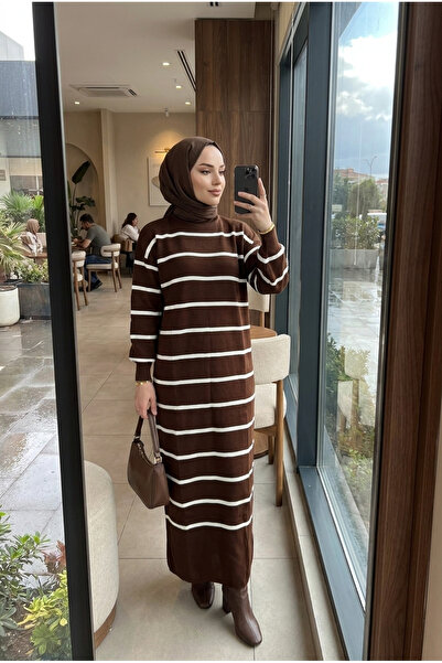Kirazca Butik Women's Striped High-Neck Long Knit Dress – Hijab Maxi Winter D...