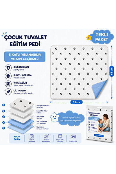 CDE Desenli Çocuk Tuvalet Eğitim Pedi 75x85 cm 5 Katlı Yıkanabilir Sıvı Geçir...