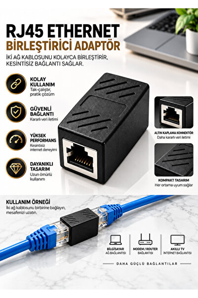 PEMBERTON RJ45 Ethernet Kablo Birleştirici Adaptör Cat5 Cat6 Ağ Kablosu Uzatm...