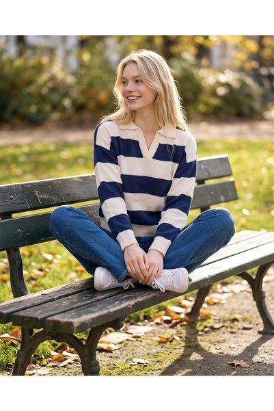 Fix Modalife Women's Polo Collar Striped Knitwear Sweater Soft Textured Oversize Flowy College Style Sweater