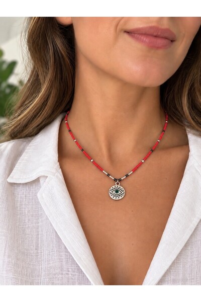 Parla Takı Studio Green and Red Evil Eye Necklace with Silver Eye Figure