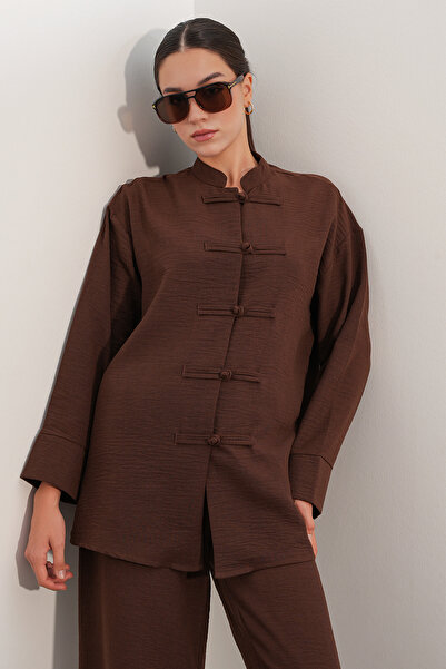 Modamorfo Women's Oversize Shirt and Trousers Linen Two-Piece Set 30126 - Brown