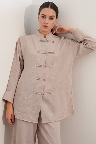 Modamorfo Women's Oversize Shirt Pants Linen Two-Piece Set 30126 - Beige