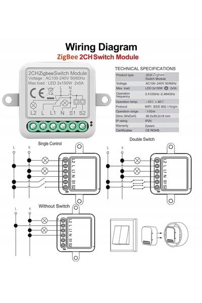 NO BRAND RELEU COMUTATOR 2 CANALE CU SUport ZigBee 3.0 MINI TUYA SMART