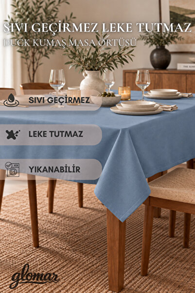 GLOMAR İndigo Mavi Soft Duck Masa Örtüsü Su ve Leke İtici Modern Dekoratif So...