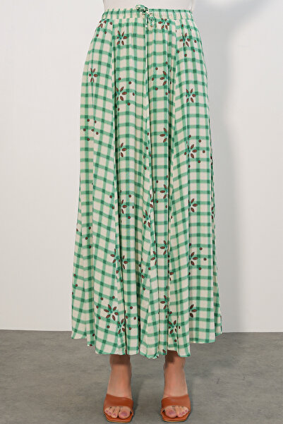 Modamorfo Women's Square Patterned Long Skirt 8065 - Green