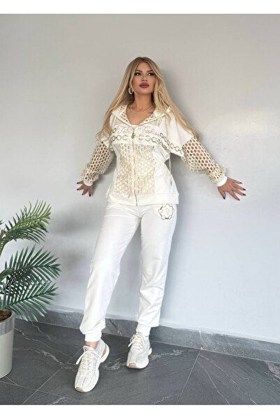 Bella Belluci Kadın Kaliteli 2 iplik Taş Detaylı Kapüşonlu 3 Lü Takım