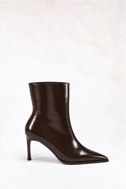 LDR Women's Brown Patent Leather Thin Heel Pointed Toe Ankle Boots