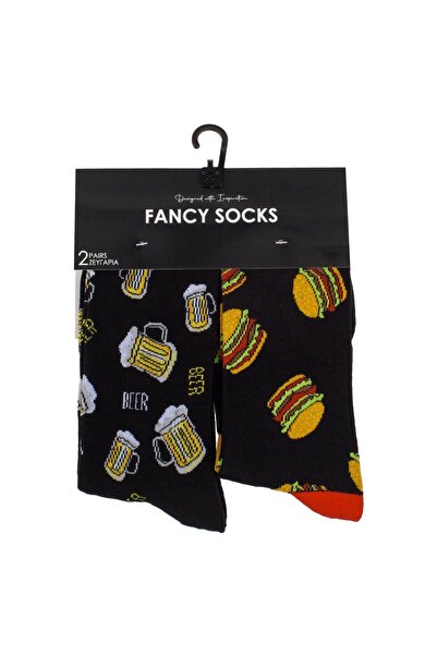 OEM Sosete Fancy Negre cu Model Bere Burger pentru Barbati - 2 perechi