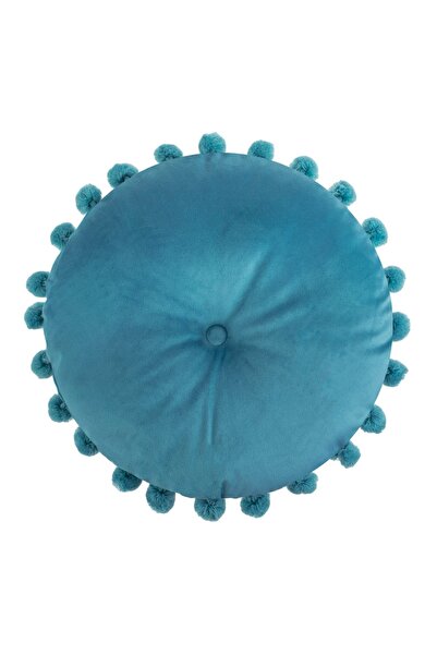 OEM Perna Decorativa Rotunda Petrol Velvet cu Nasture & Pompon pentru Canapea...