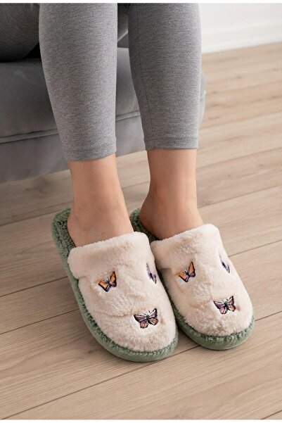 ALMİNA Women's Plush House Slippers Butterfly Patterned Soft Furry Winter Hou...