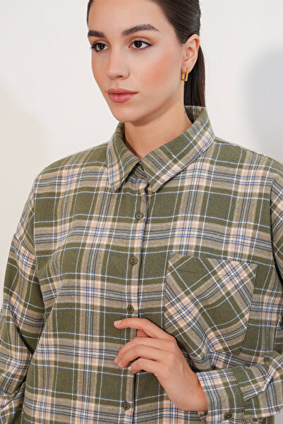 Modamorfo Women's Plaid Pattern Oversize Lumberjack Shirt 3854 E.Green