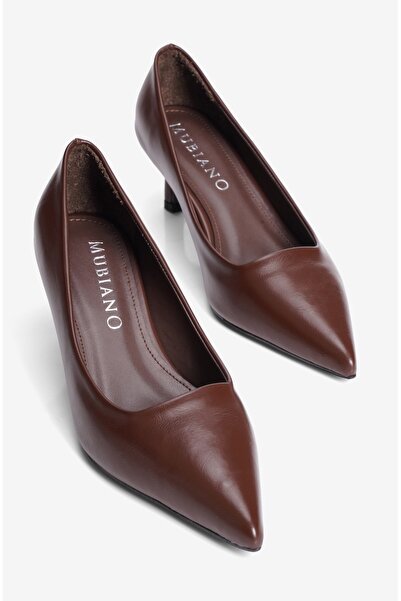 Mubiano Women's High Heel Shoes Stiletto Pointed Toe Short Heel Etta Brown