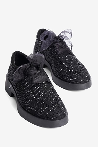 Mubiano Γυναικείο Suede Loafer Oxford Stone Tulle Lace-up Pera Μαύρο