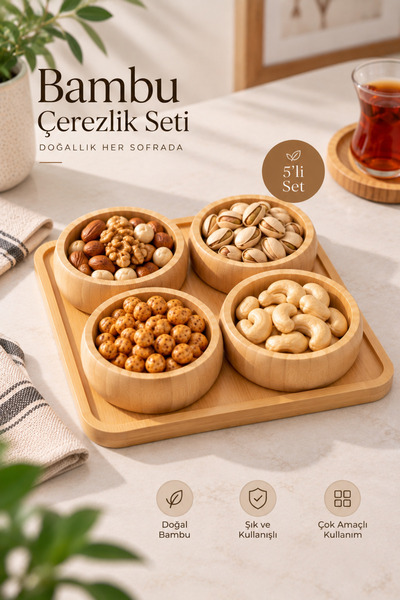 Reona 5’li Bambu Çerezlik Seti – 4’lü Yuvarlak Kase, Bambu Servis Tepsisi, Ku...