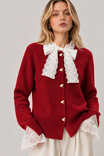 Lusin Women's Red Lace Collar and Sleeve Detailed Heart Buttoned Knitwear Car...