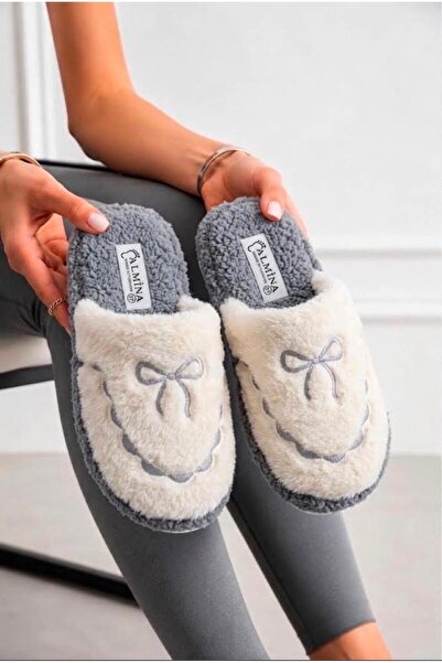 ALMİNA Women's Plush House Slippers Soft Furry Bowknot Winter House Slippers
