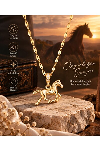 Liacharm VIP Seri Çelik At Figürlü Zirkon Taşlı Kadın Kolye - Gold Renk Pasla...