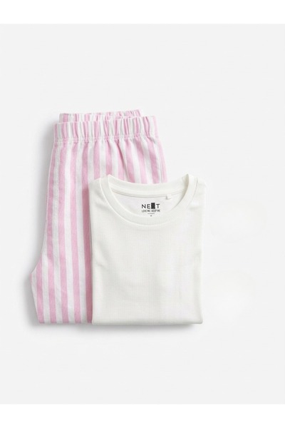 Next Stylish and Comfortable Girls' Pajama Set (Long-Sleeved White Top + Pink Striped Pants) Size 9_10 Years Old