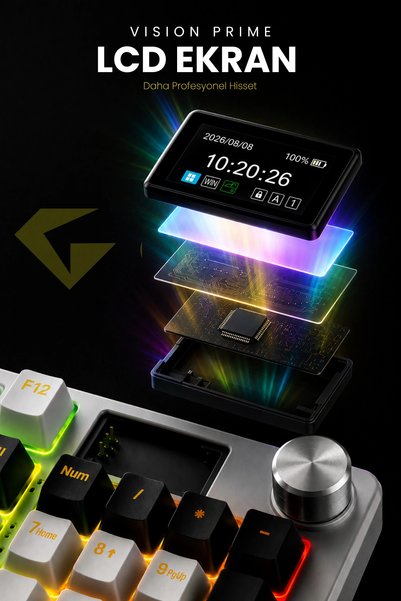 gameagle Vision Prime Dijital Ekranlı Kablosuz 2.4Ghz/Bluetooth + 3 Mod RGB Mekanik Oyuncu Klavyesi Mix V1