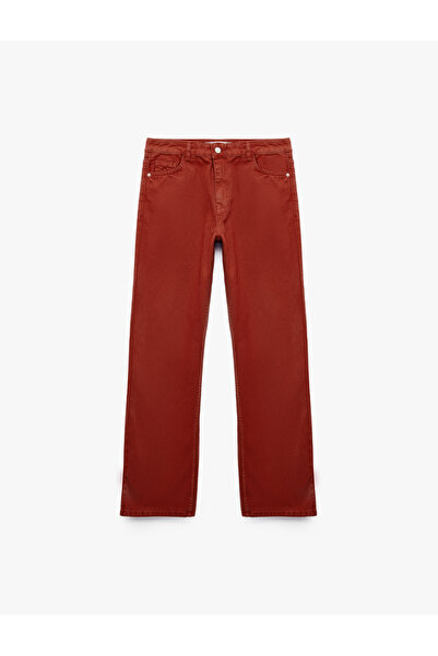 Koton Cotton Regular Waist Buttoned Pocketed Long Cut Straight Leg Trousers -...