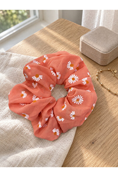 Papatya Desenli Kiremit Kahve Rengi Organze Scrunchie Simit Toka