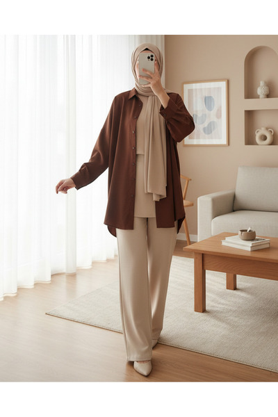 Modamorfo 3900 Oversized Long Basic Shirt - Brown