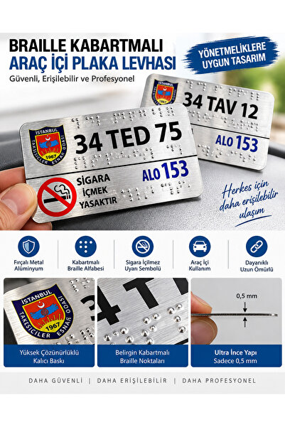 Taksi İçi Görme Engelli Braille Alfabeli Metal Plaka - Kabartmalı Alo 153 Uyarı Levhası