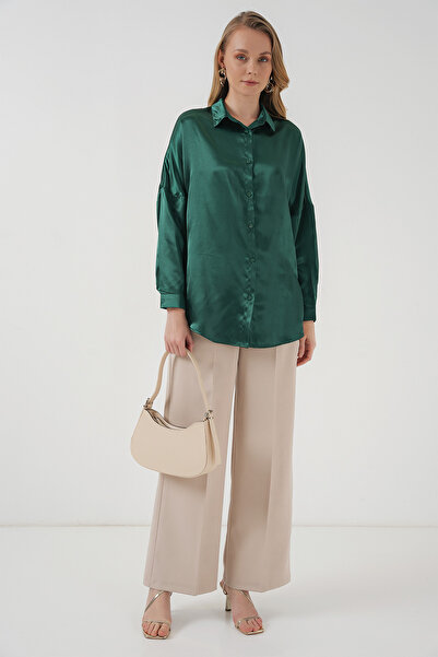 Modamorfo 3985 Oversize Satin Shirt - Emerald Green