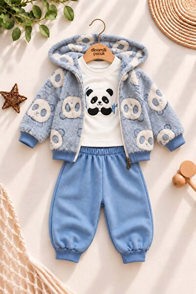 dinamik çocuk Erkek Bebek Panda Desenli Peluş Kapüşonlu Hırka Sweatshirt Eşof...