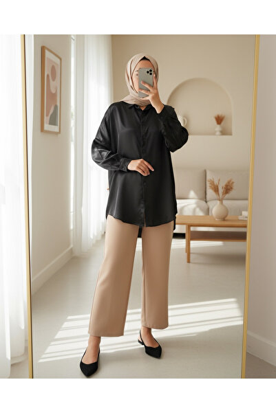 Modamorfo 3985 Oversize Satin Shirt - Black