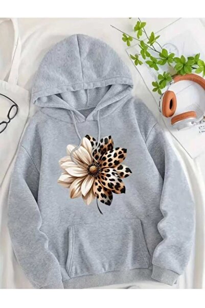 WESTWARD Leopard Floral Printed Oversize Unisex Hooded Sweatshirt