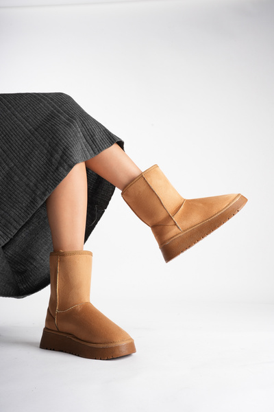 marceline Women's Tan Suede 5cm Thick Heeled Winter Casual Boots with Fur Inside