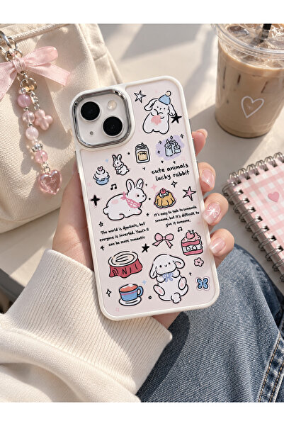 MİRAZ TASARIM IPHONE 13/14/15 UYUMLU SEVİMLİ TAVŞAN DESENLİ EKRU RENK KILIF