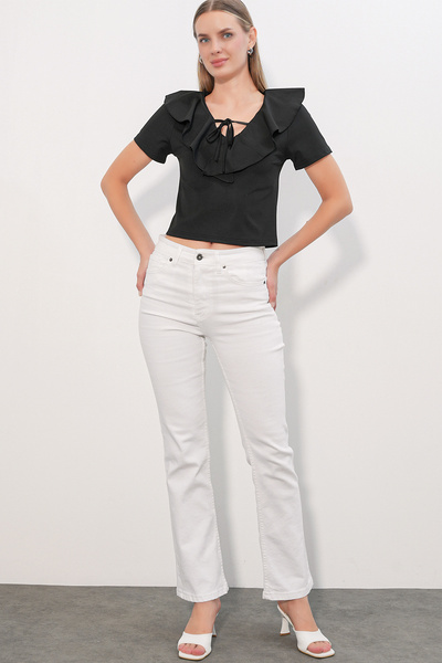 Modamorfo Women's Short Sleeve Crop Blouse 40001 - Black