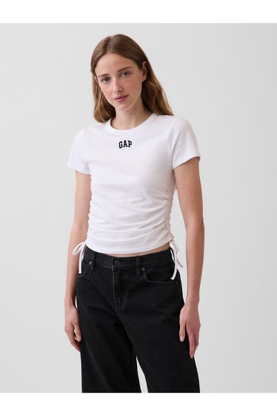 GAP Kadın Beyaz CloseKnit Jersey Logo Ruched Side-Tie T-Shirt