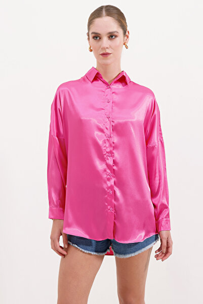 Modamorfo 3985 Oversize Satin Shirt - Fuchsia