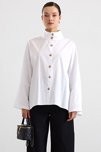 Olcay Shirt with High Collar Loose Fit White 9486