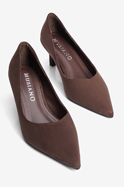 Mubiano Women's Suede Heeled Shoes Stiletto Pointed Toe Short Heeled Fern Brown