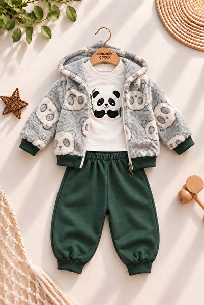 dinamik çocuk Erkek Bebek Panda Desenli Peluş Kapüşonlu Hırka Sweatshirt Eşof...