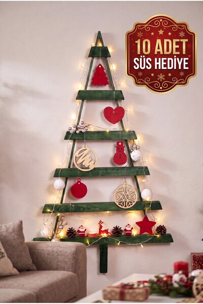 Alyones Yeşil & Fındık Renkli Tasarım Yılbaşı Ahşap Çam Ağacı Halatlı Yeni Yı...