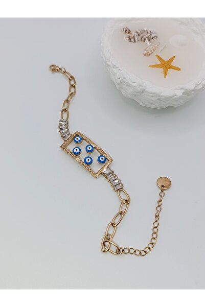 Generic Brand Gold Steel Bracelet with Evil Eye Beads and Bagette Stones