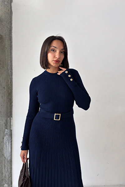 URİS Rochie lungă din tricot, albastru marin, elegantă, cu centură și detalii cu nasturi, pentru femei
