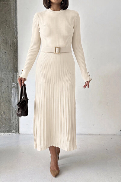 Lusin Women's Ecru Stylish Belt and Cuff Button Detailed Long Knitwear Dress