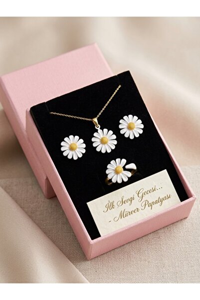 Papatya Silver 925 Ayar Gümüş Zarif Papatya Kolye Küpe Yüzük Set.rose.gold.ro...